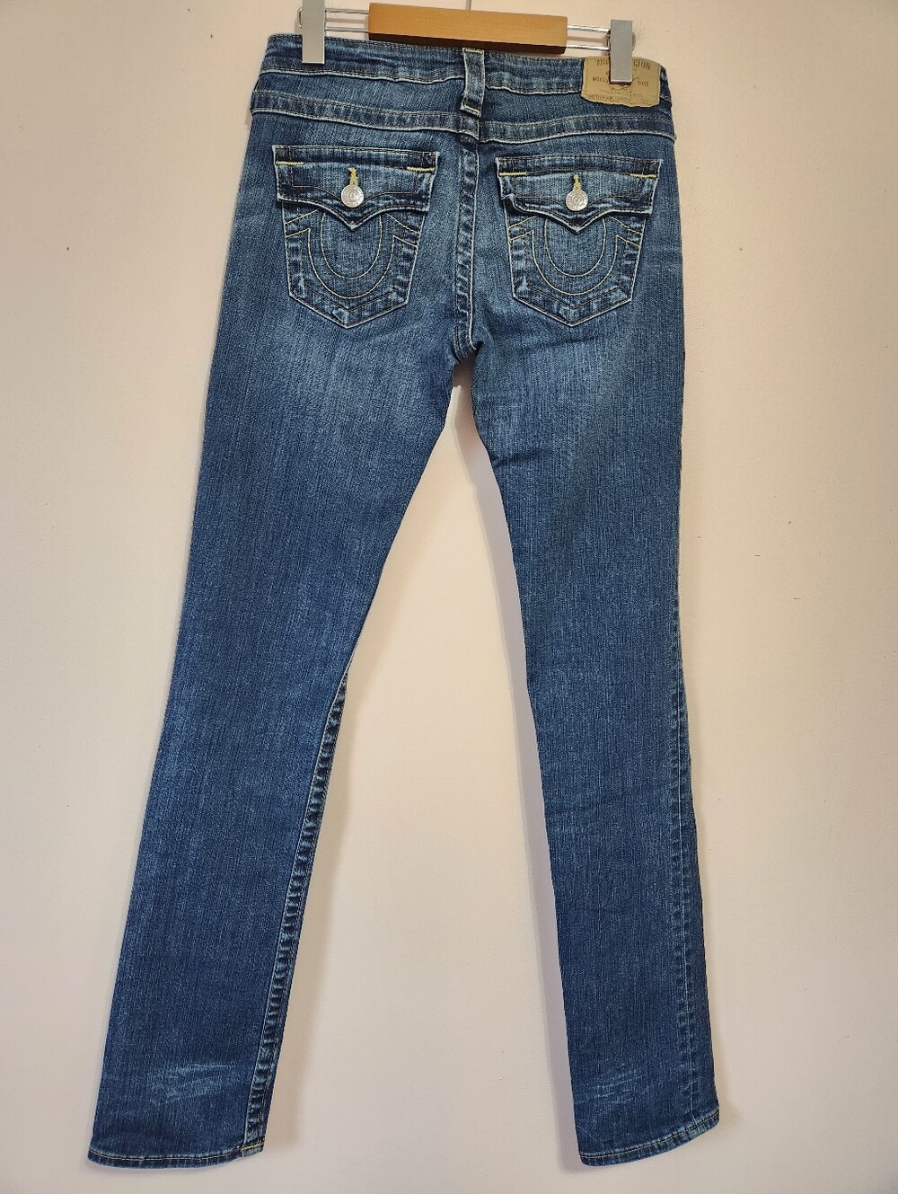 True Religion Slim Straight Flap Pocket Jeans Dark Wash Size 28 Contrast Stitch - Picture 3 of 9